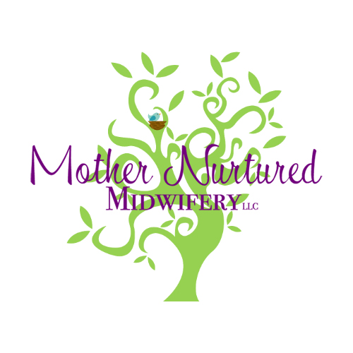 "Mother Nurtured Midwifery LLC logo featuring a stylized green tree with swirling branches and leaves, a small bird's nest on top, and the business name in purple and black text.